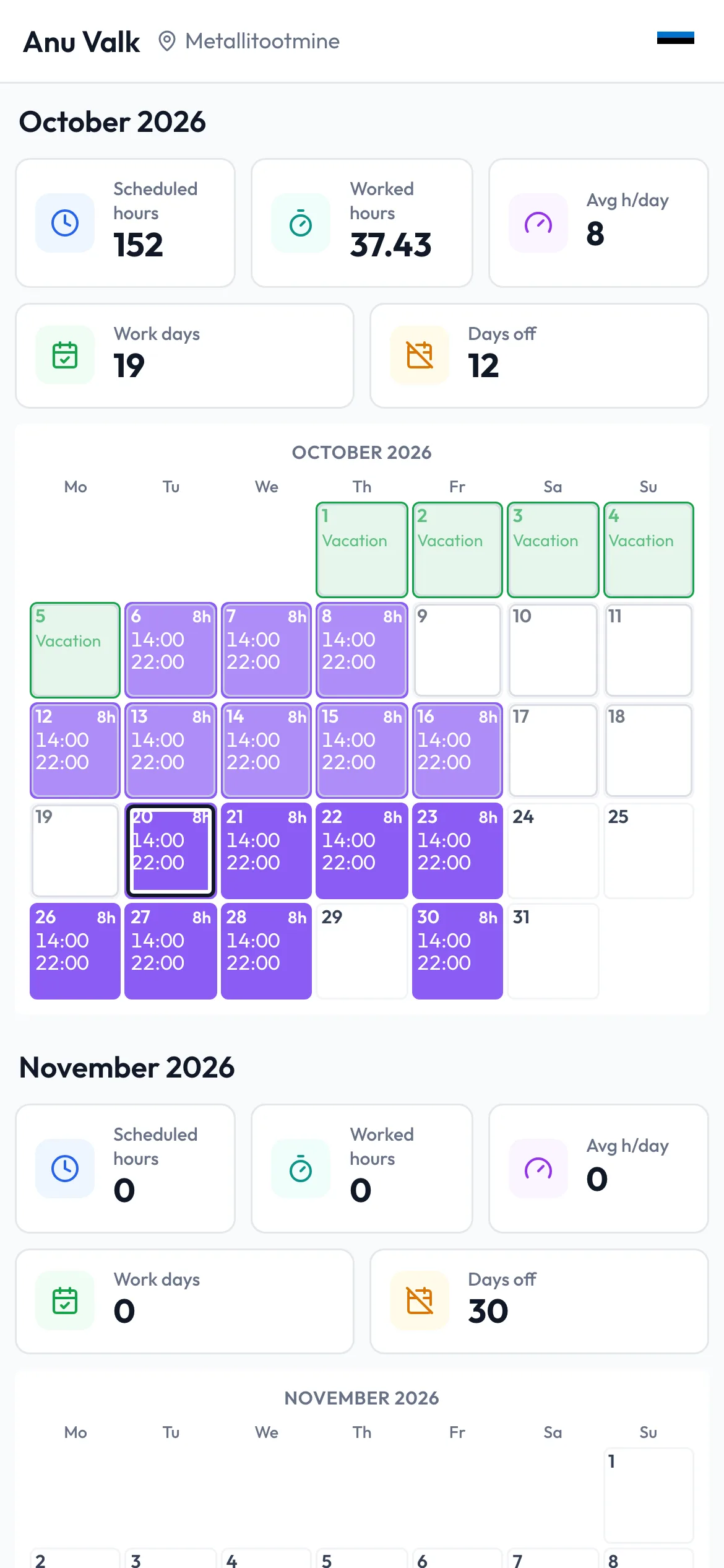Tark Aeg on mobile: an employee sees their monthly schedule
