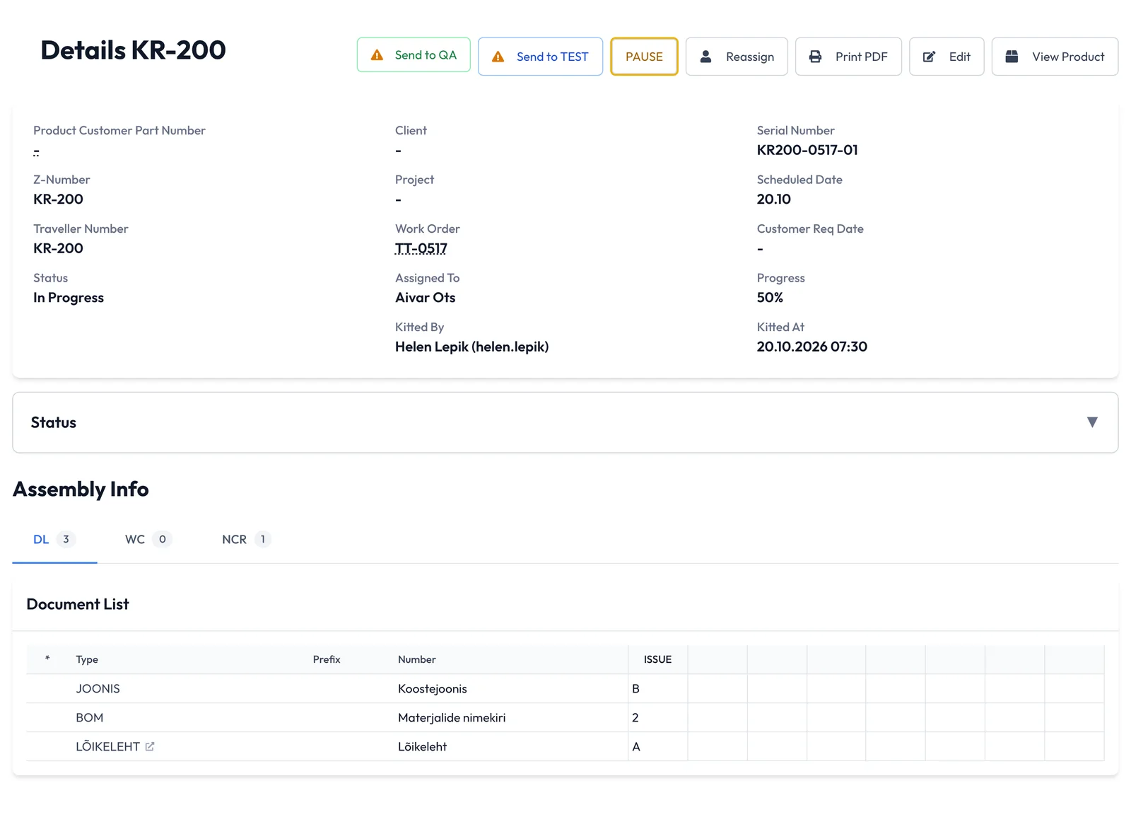 Product and work-order record with progress, status and document revisions